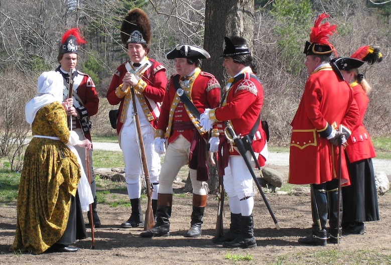 Rebekah Barrett confronts Redcoats demanding they search the Barrett farm for illegal weapons, Concord MA
