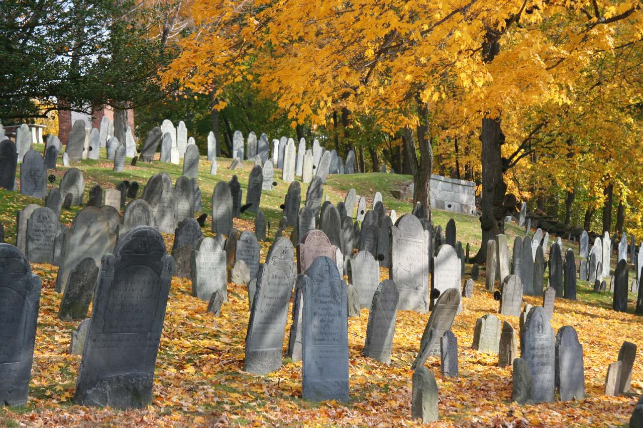 North Burying Ground in autumn foliage color, Concord MA