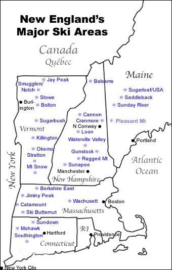 Map of New England's major ski resorts