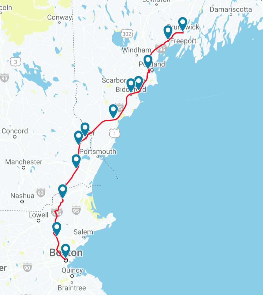 Amtrak's Downeaster train route map.